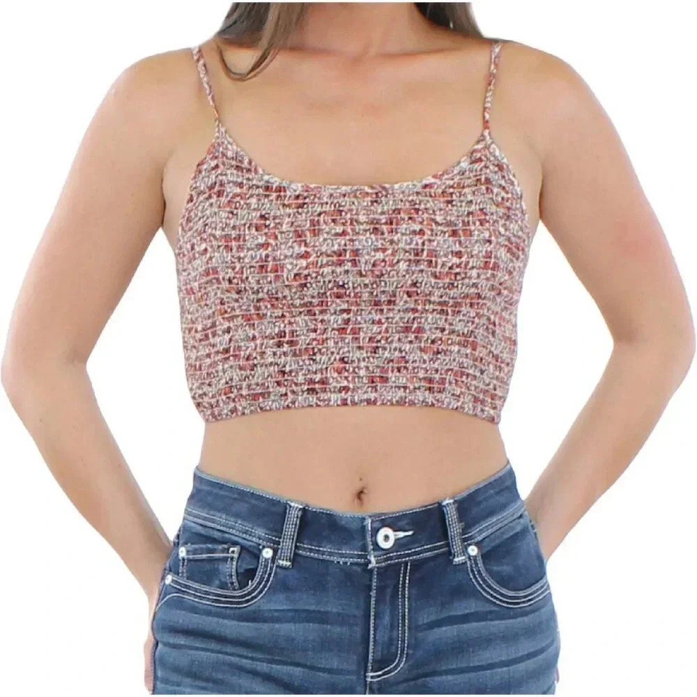Angie Pink & Red Floral Smocked Crop Tank Top S